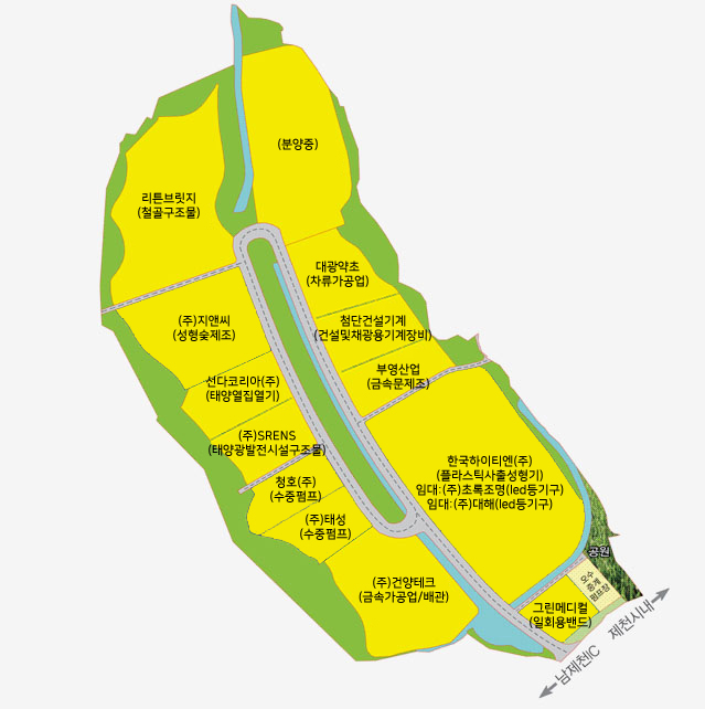 양화테크노빌 단지안내표 왼쪽 위부터 아래로 리튼브릿지(철골구조물), (주)지앤씨(성형숯제조), 선다코리아(주)(태양열집열기), (주)SRENS(태양광발전시설구조물), 청호(주)(수중펌프), (주)태성(수중펌프), (주)건양테크(금속가공업/배관)이  있으며, 오른쪽 위부터 아래로는 (분양중), 대광약초(차류가공업), 첨단건설기계(건설및채광용기계장비), 부영산업(금속문제조), 한국하이티엔(주)(플라스택사출성형기) 임대:(주)초록조명(led등기구) 임대:(주)대해(led등기구), 그린메디컬(일회용밴드) 오수 중계원료장 남쪽으로는 남제천IC와 제천시내로 가는길이 있습니다. 