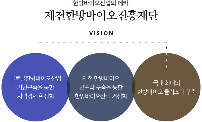 vision 한방바이오산업의 메카 제천한방바이오진흥재단 글로벌 한방바이오산업기반구축을 통한 지역경제 활성화, 제천 한방바이오 인프라 구축을 통한 한방바이오산업 거점화, 국내 최대의 한방바이오 클러스터 구축